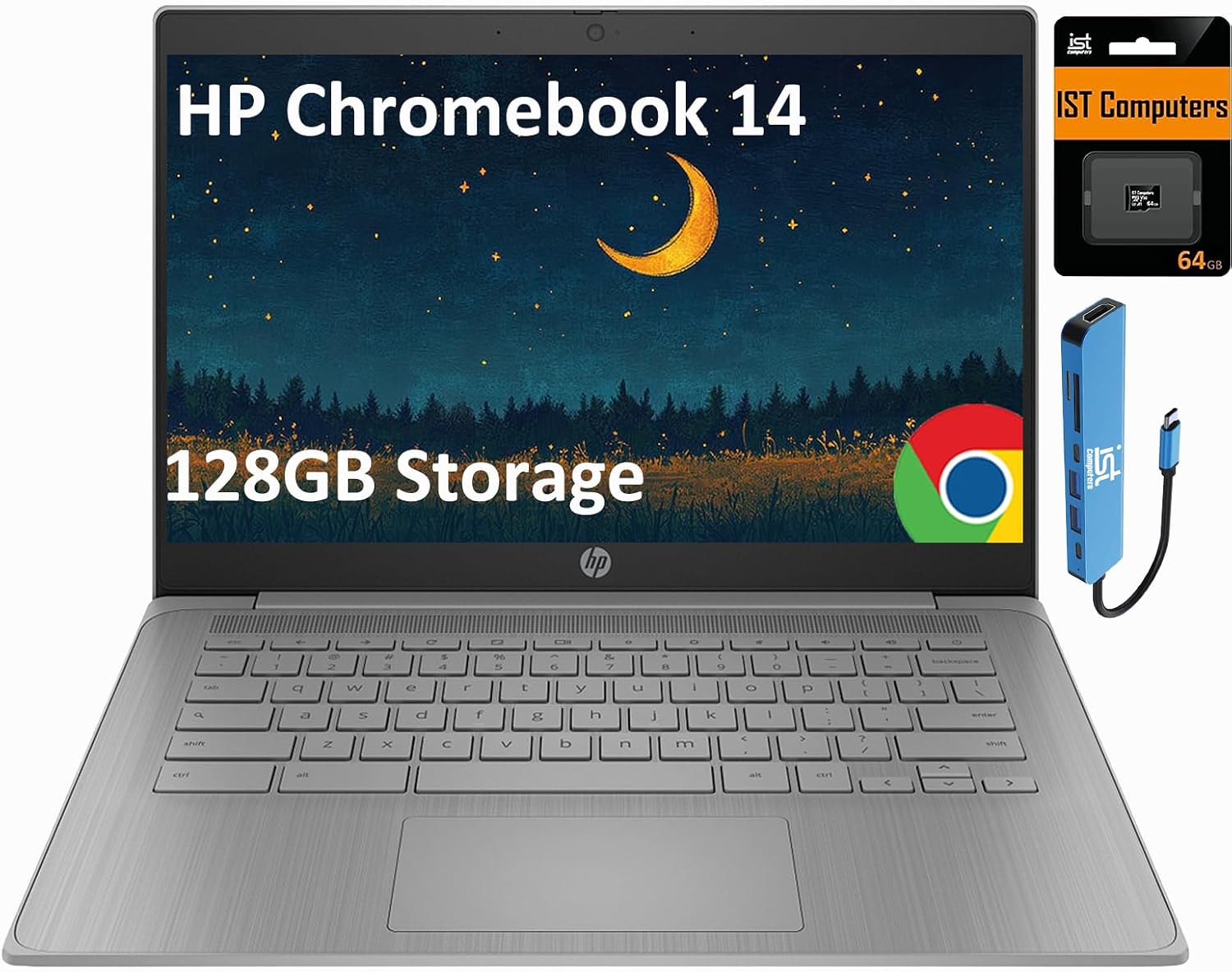 HP Chromebook 14 Laptop (14" HD, Intel 4-Core Celeron N4120, 4GB RAM, 64GB eMMC + 64GB SD Card) for Home, Students & Everyday Use, Light Weight, 14-Hr Battery Life, Webcam, Wi-Fi, IST HUB, Chrome OS