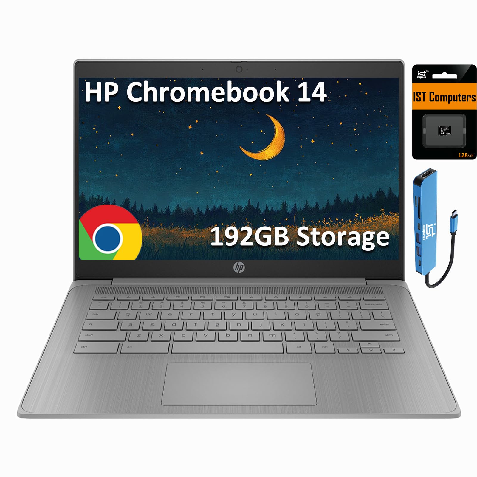HP Chromebook 14 Laptop (14" HD, Intel 4-Core Celeron N4120, 4GB RAM, 64GB eMMC + 64GB SD Card) for Home, Students & Everyday Use, Light Weight, 14-Hr Battery Life, Webcam, Wi-Fi, IST HUB, Chrome OS