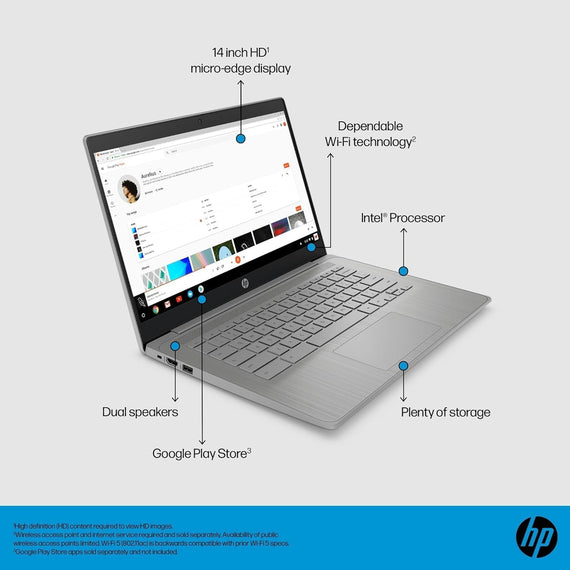 HP Chromebook 14 Laptop (14" HD, Intel 4-Core Celeron N4120, 4GB RAM, 64GB eMMC + 64GB SD Card) for Home, Students & Everyday Use, Light Weight, 14-Hr Battery Life, Webcam, Wi-Fi, IST HUB, Chrome OS
